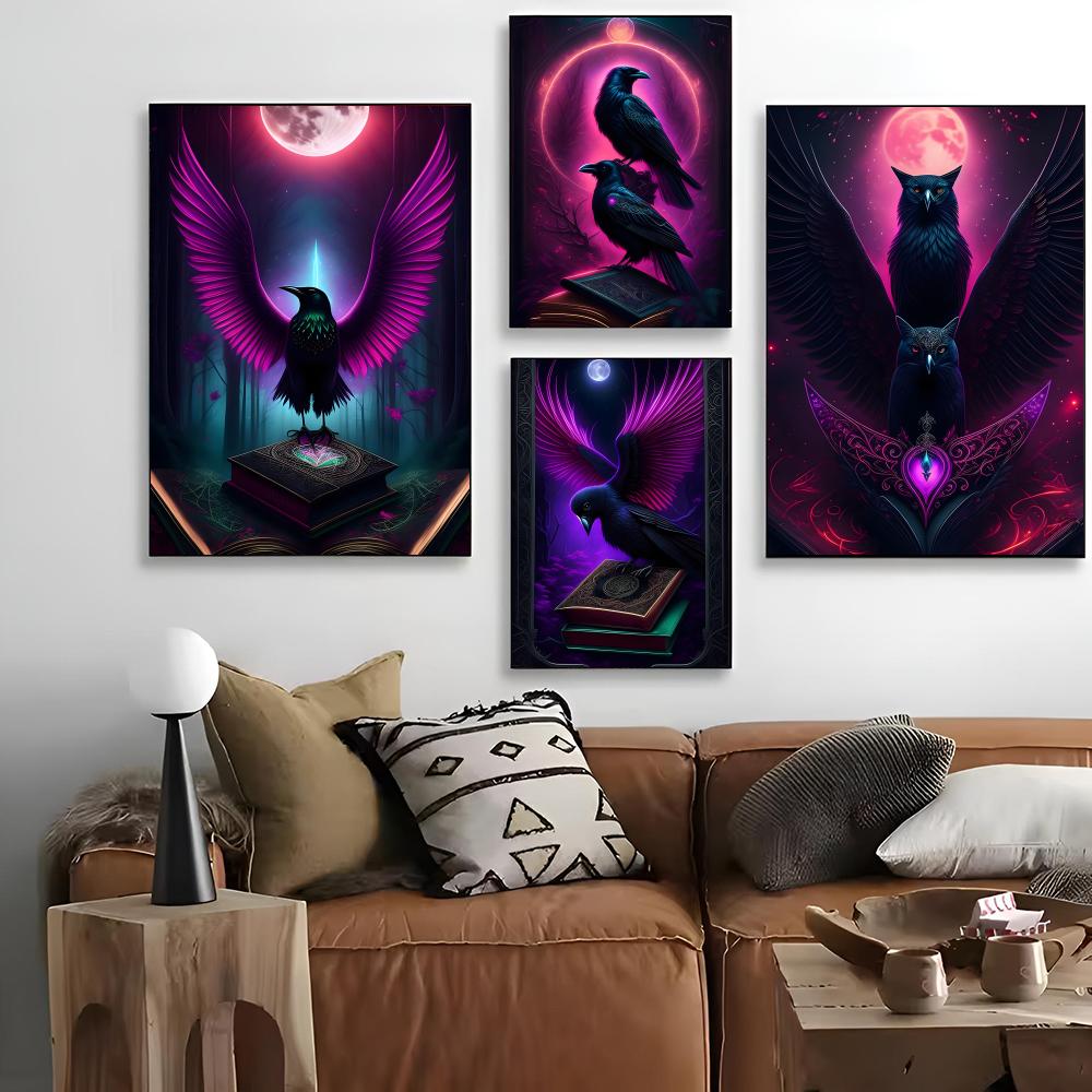 Black Raven And Magical Owl Pa - Home Cinema Wall Art ulasan dan harga