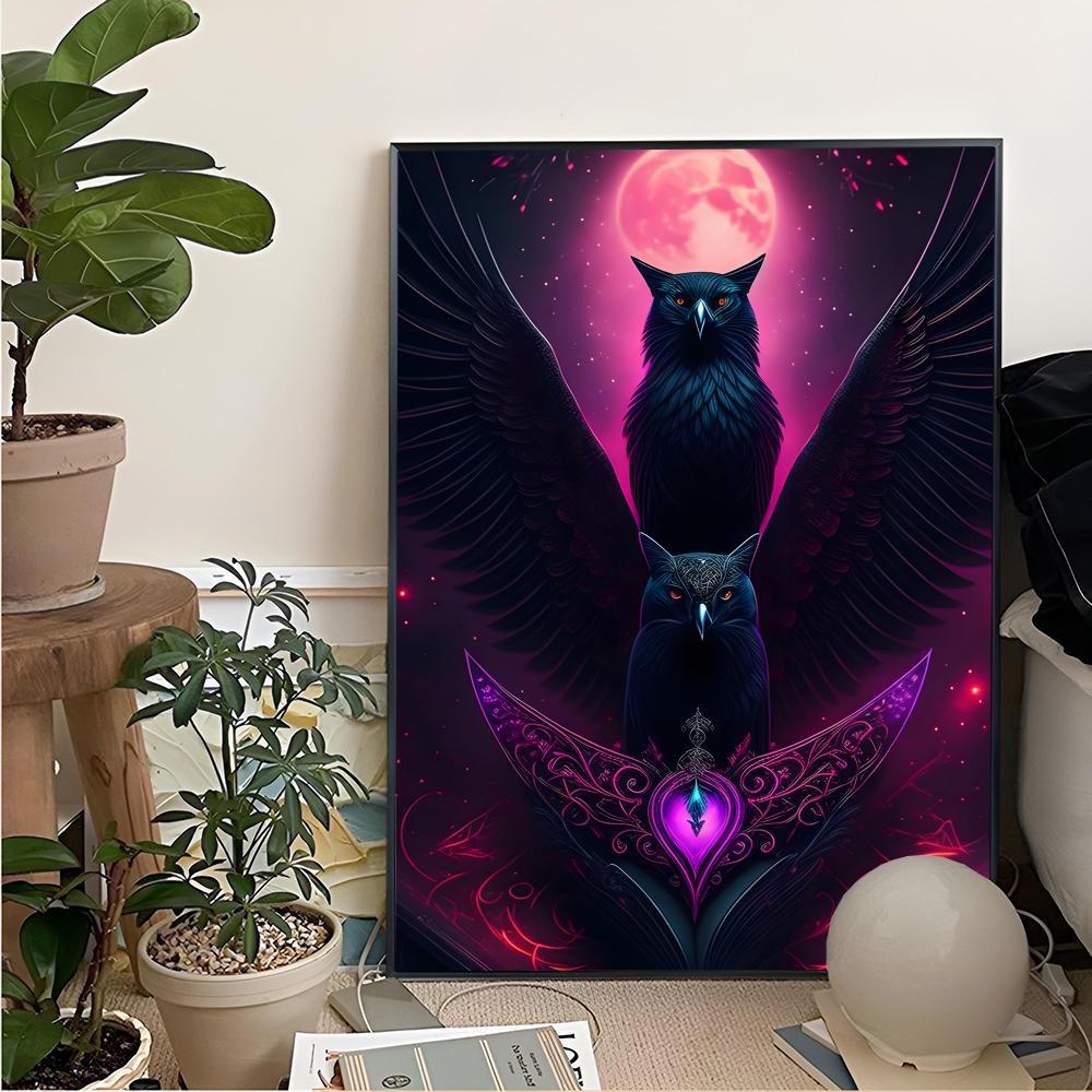 Black Raven And Magical Owl Pa - Home Cinema Wall Art ulasan dan harga